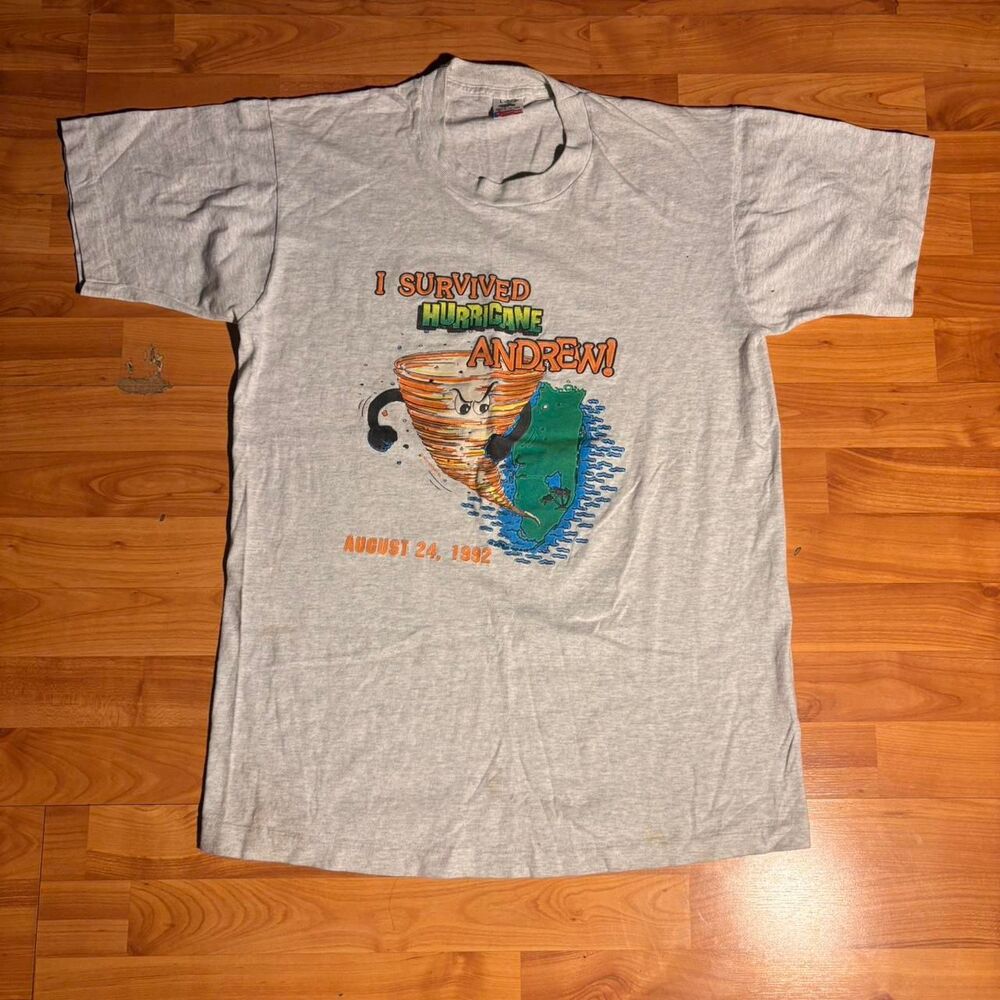 Vintage 90s I Survived Hurricane Andrew Single Stitch Grey Tee Size L